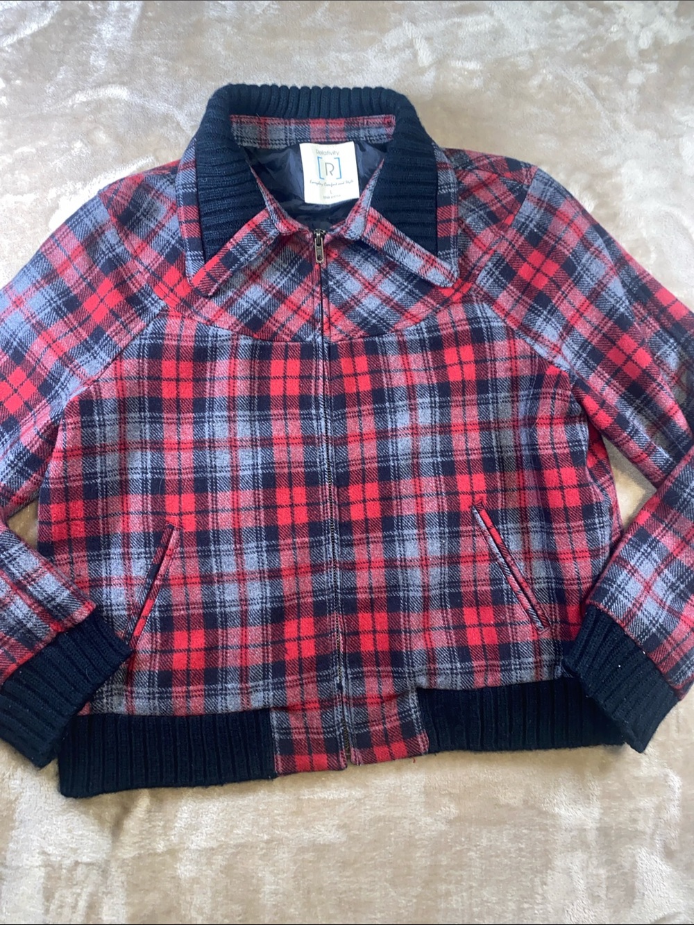 Relativity wool blend Red and Gray Plaid Bomber Jacket with Black Trim